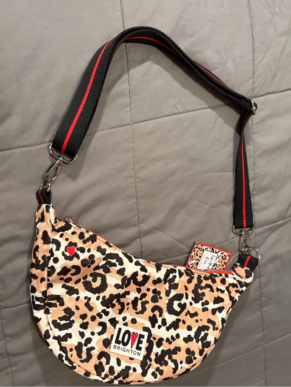 Brighton Leopard Print Shoulder Bag with Black and Red Strap